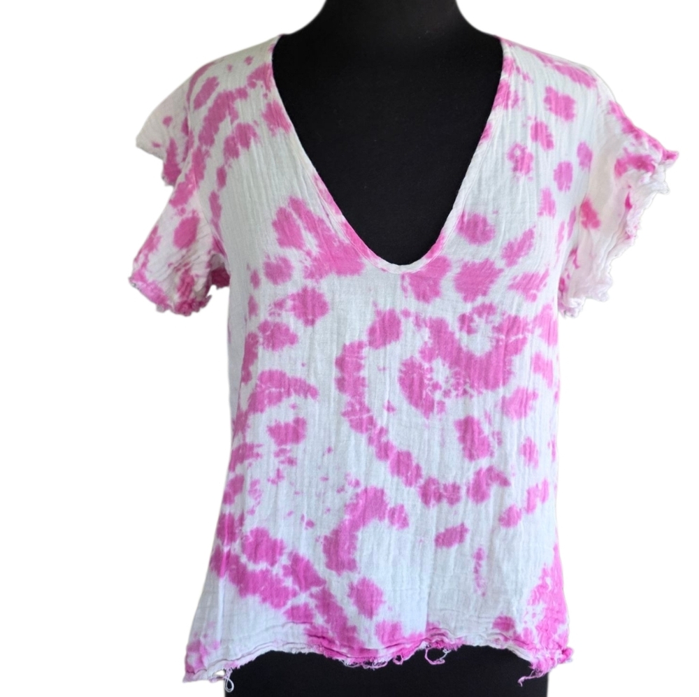 Stark X Small Vibrant Pink and White Women's Tie-Dye Top Cotton Vacation Tee